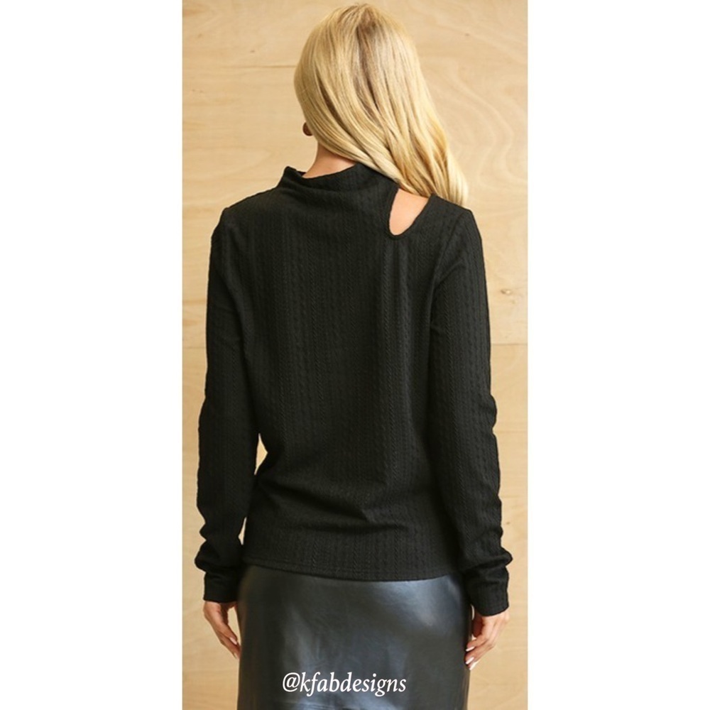 LAST ONE! Black Soft Mock Neck Top with Textured Pattern and Cut Out! - Picture 4 of 5